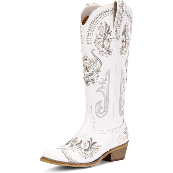 Women Polyurethane White Rhinestone Embroidered Chunky Heel Knee High Tall Boots - Picture 1 of 4